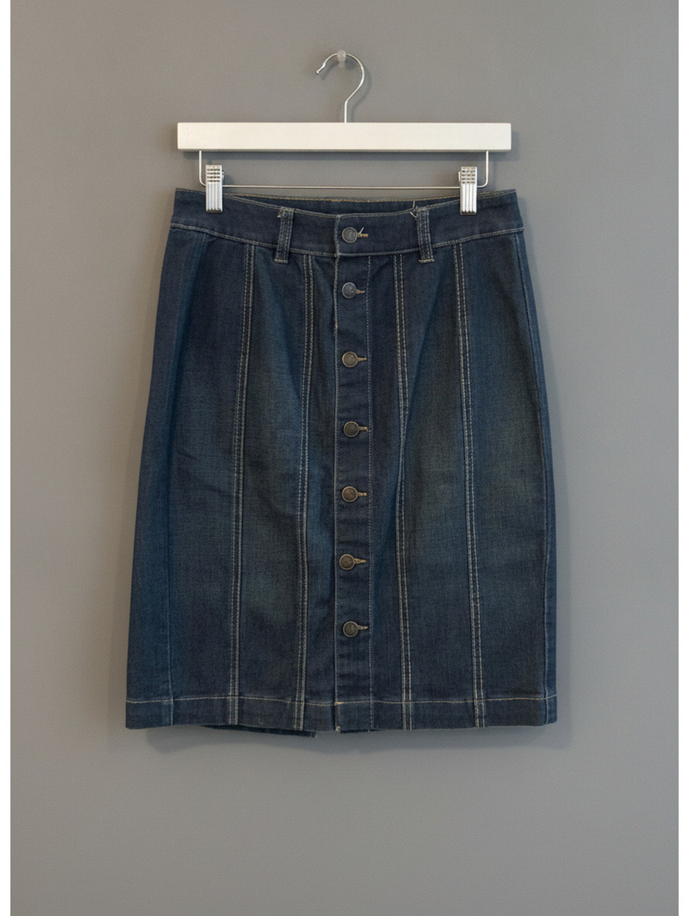 One5One Paneled Denim Pencil Skirt Size Medium Blue Button Front Boho Y2K